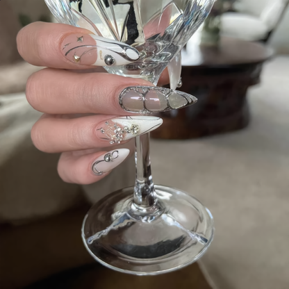 Luxury Silver Chrome Stiletto Press-On Nails – 3D Pearl & Rhinestone Design