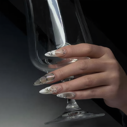 Luxury Silver Chrome Stiletto Press-On Nails – 3D Pearl & Rhinestone Design