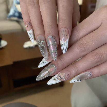 Luxury Silver Chrome Stiletto Press-On Nails – 3D Pearl & Rhinestone Design