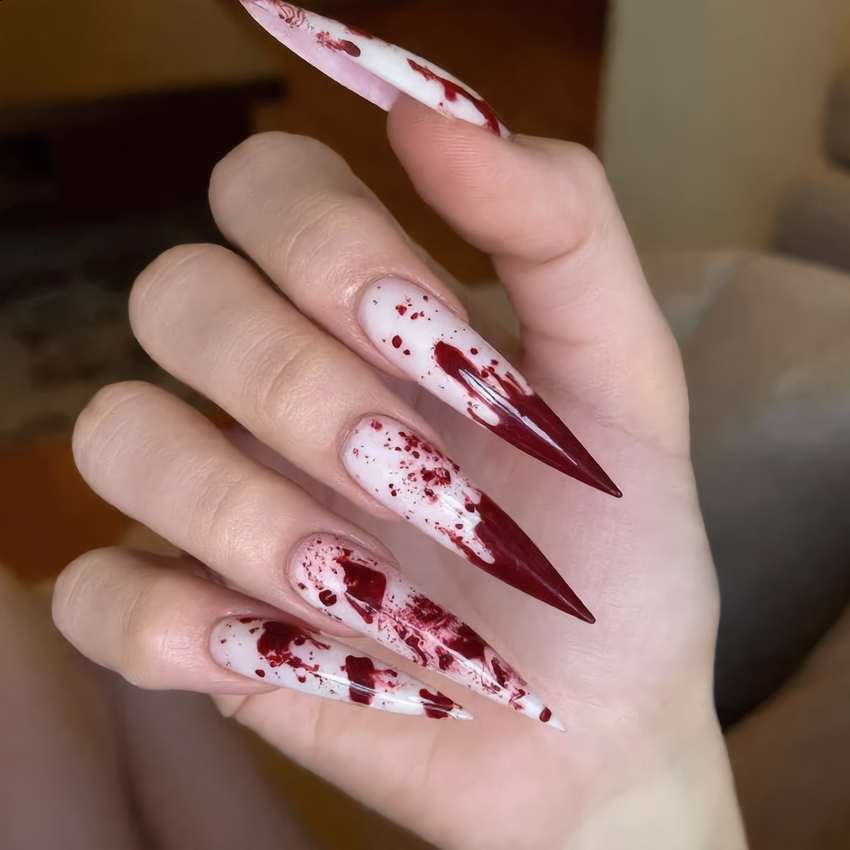 Blood Splatter Stiletto Press-On Nails – Bloody Halloween Horror Nails