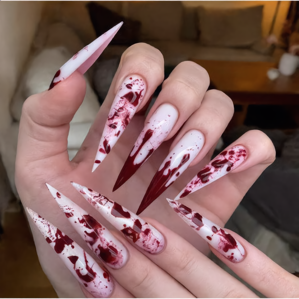 Blood Splatter Stiletto Press-On Nails – Bloody Halloween Horror Nails