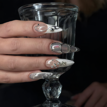 Luxury Silver Chrome Stiletto Press-On Nails – 3D Pearl & Rhinestone Design