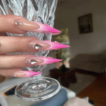 Hot Pink Flame Stiletto Press-On Nails – Silver Heart Rhinestone Design