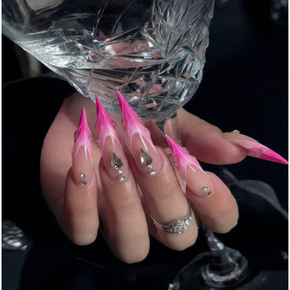 Hot Pink Flame Stiletto Press-On Nails – Silver Heart Rhinestone Design