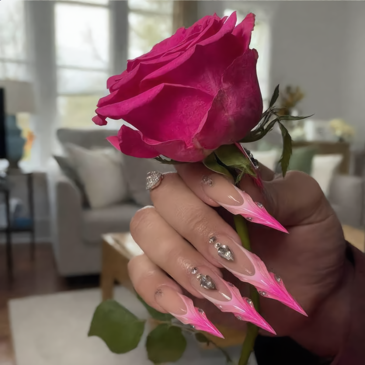 Hot Pink Flame Stiletto Press-On Nails – Silver Heart Rhinestone Design