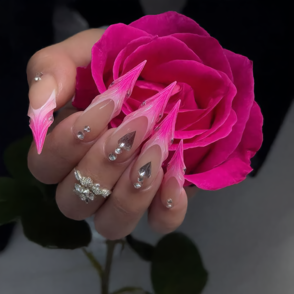Hot Pink Flame Stiletto Press-On Nails – Silver Heart Rhinestone Design