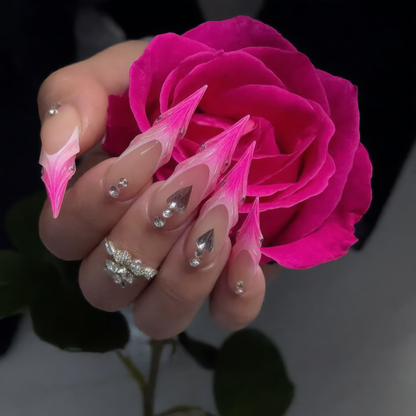 Hot Pink Flame Stiletto Press-On Nails – Silver Heart Rhinestone Design
