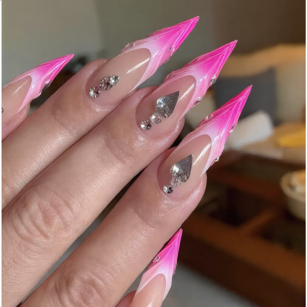 Hot Pink Flame Stiletto Press-On Nails – Silver Heart Rhinestone Design