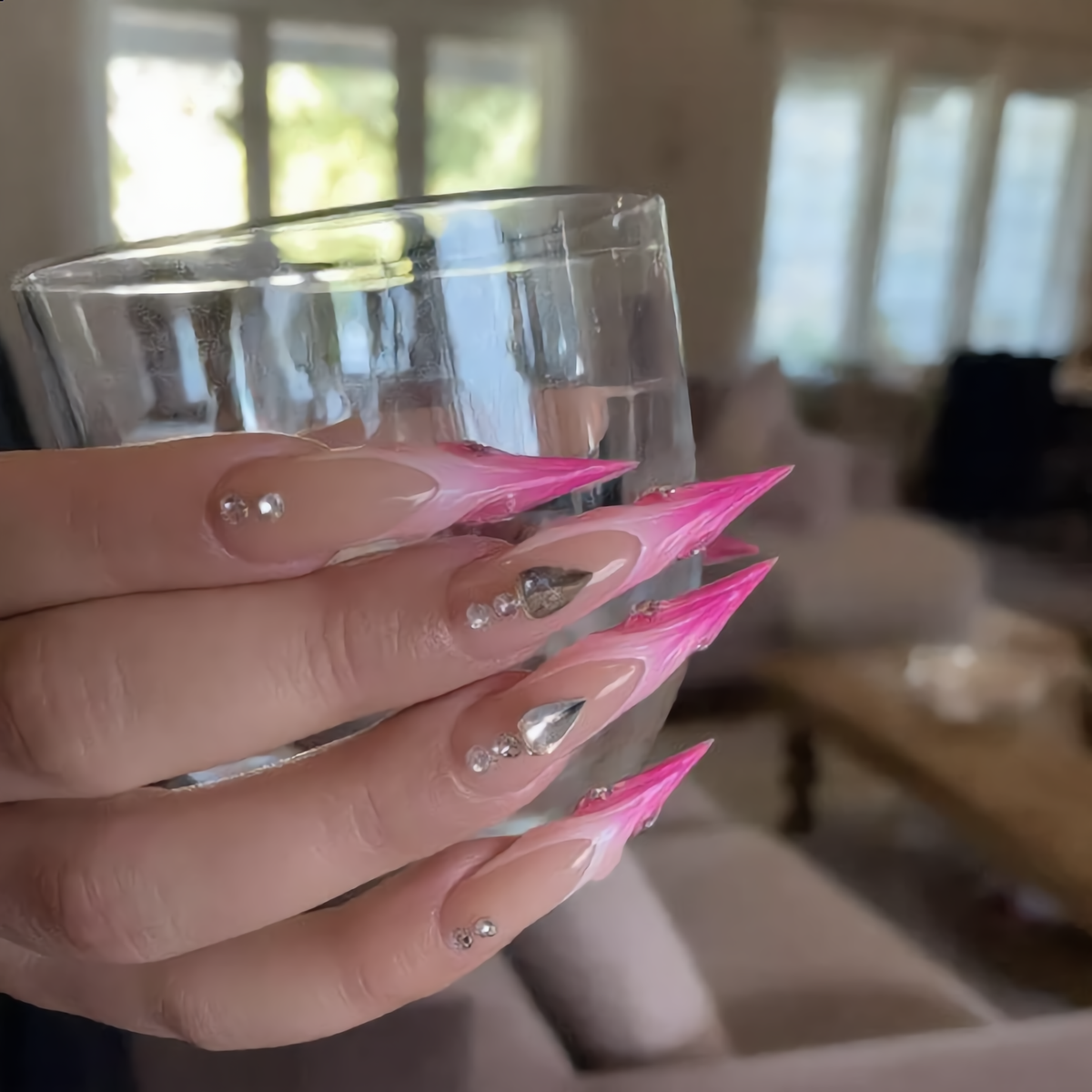 Hot Pink Flame Stiletto Press-On Nails – Silver Heart Rhinestone Design