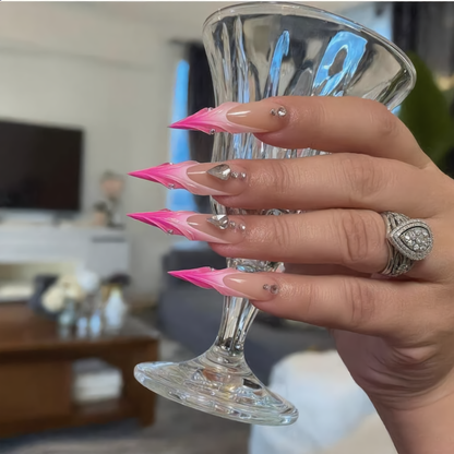 Hot Pink Flame Stiletto Press-On Nails – Silver Heart Rhinestone Design