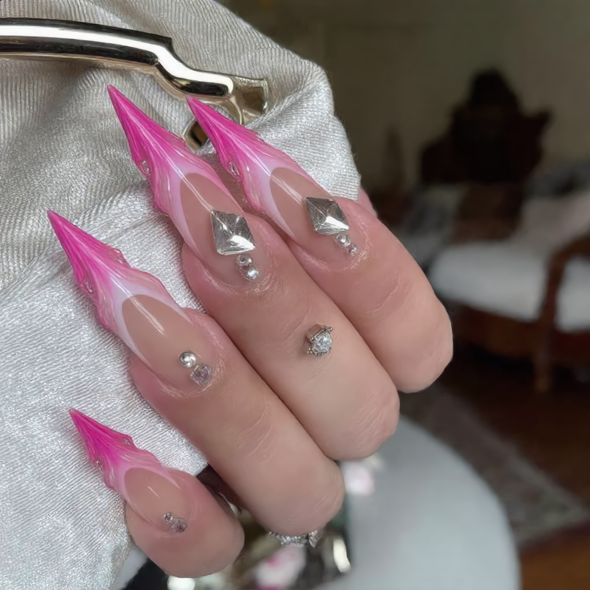 Hot Pink Flame Stiletto Press-On Nails – Silver Heart Rhinestone Design
