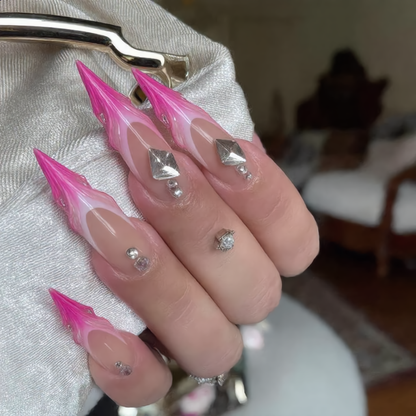 Hot Pink Flame Stiletto Press-On Nails – Silver Heart Rhinestone Design