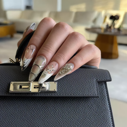 Luxury Silver Chrome Stiletto Press-On Nails – 3D Pearl & Rhinestone Design