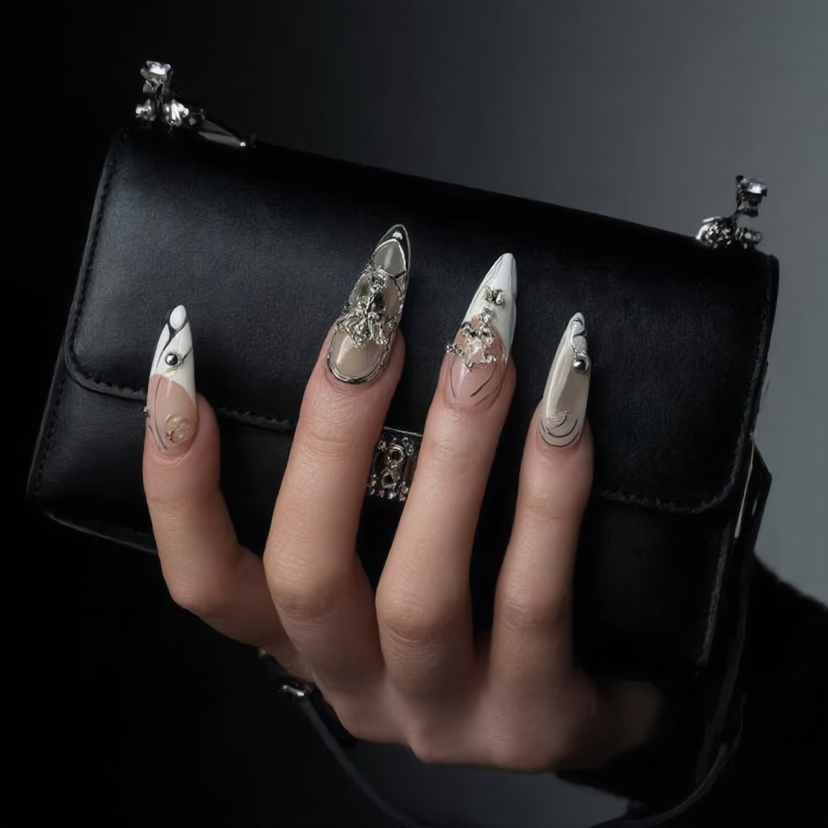Luxury Silver Chrome Stiletto Press-On Nails – 3D Pearl & Rhinestone Design