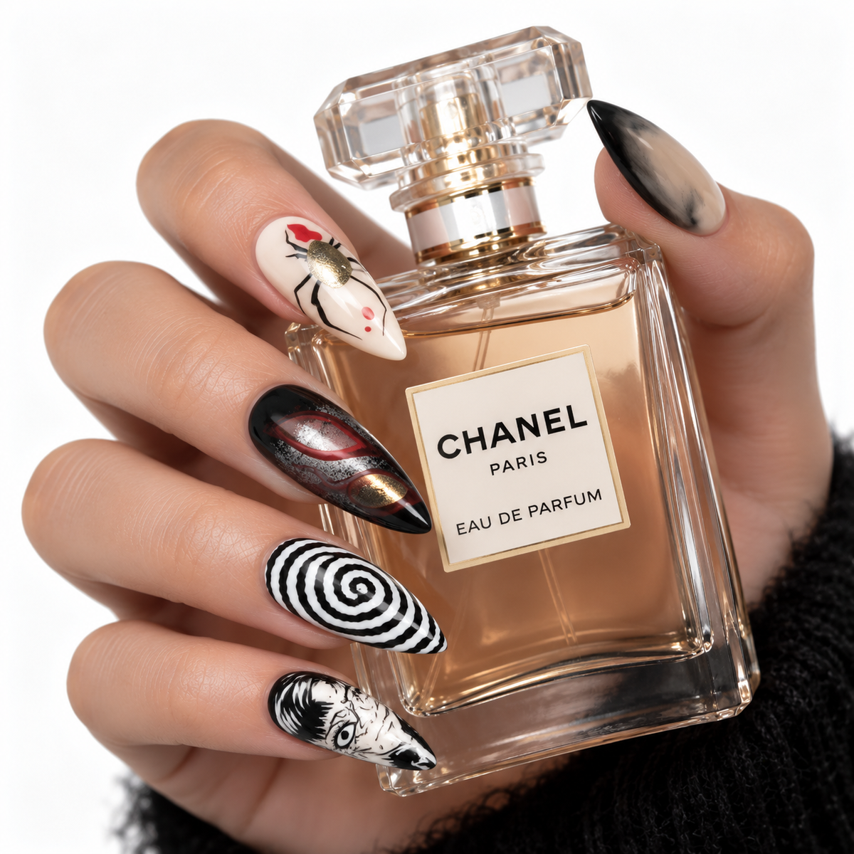 Luxury anime horror press on nails with manga inspired black and white artwork