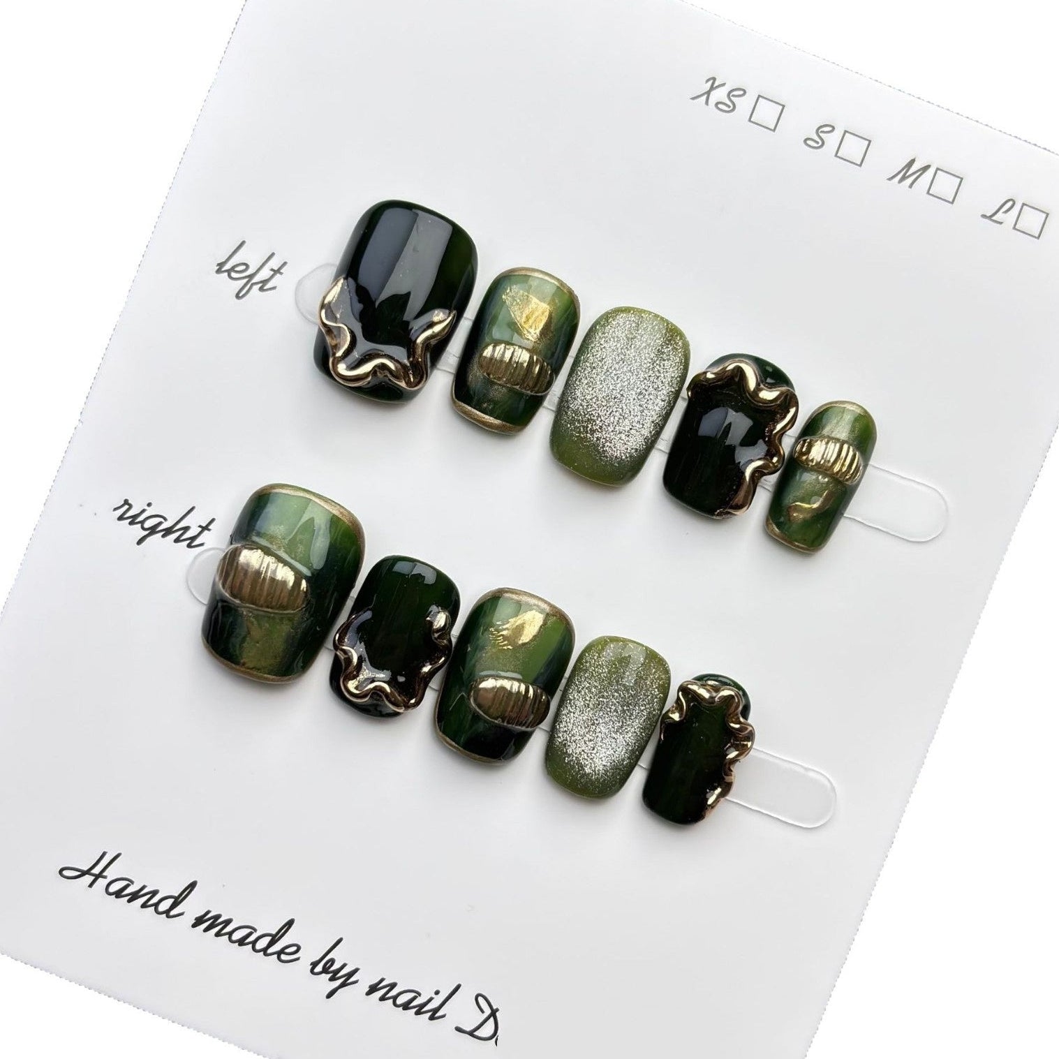 Luxury olive green press on nails with gold chrome design