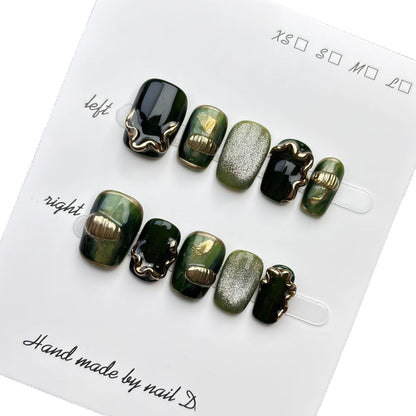 Luxury olive green press on nails with gold chrome design