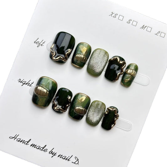 Luxury olive green press on nails with gold chrome design