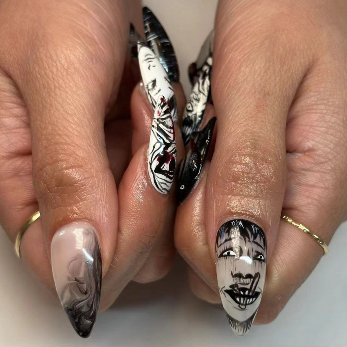 Manga horror nail art press on nails with detailed character and spiral designs