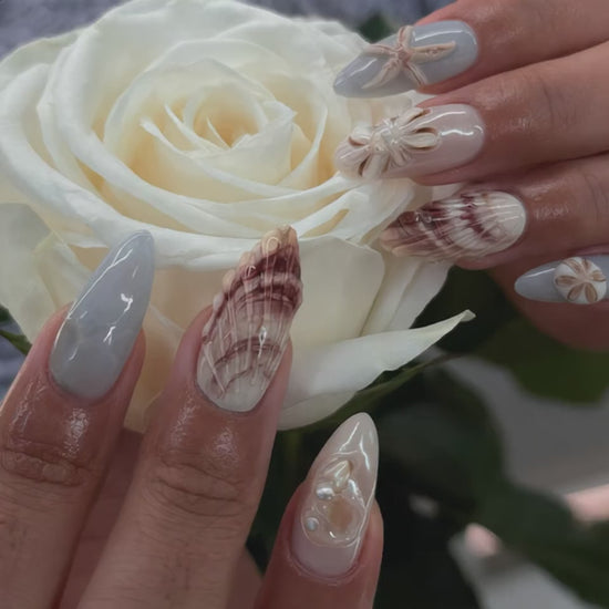 Ocean Seashell Press On Nails with white rose and 3D shell nail art