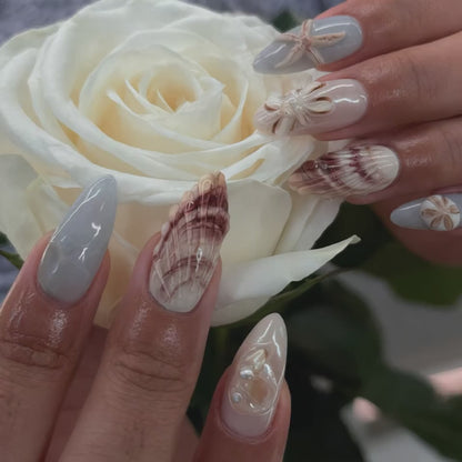 Ocean Seashell Press On Nails with white rose and 3D shell nail art