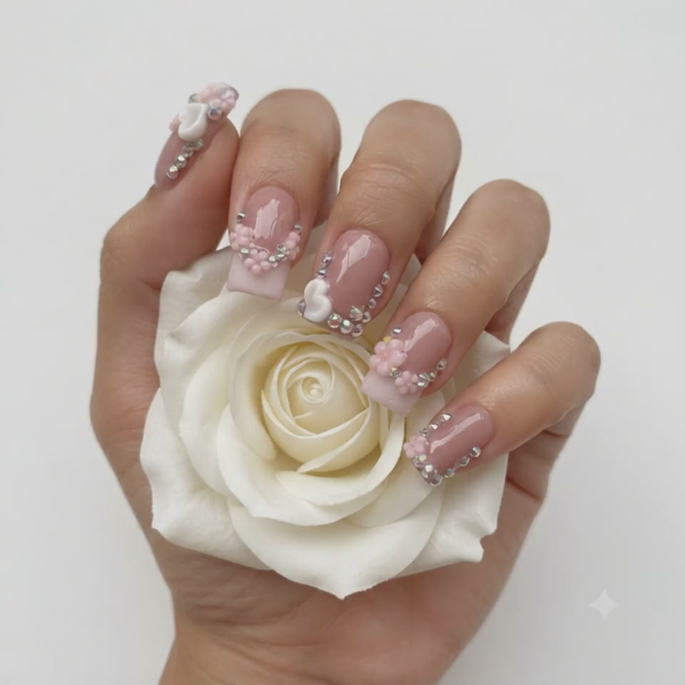 Luxury Pink Press On Nails with 3D Flowers and Crystal Rhinestones Holding White Rose