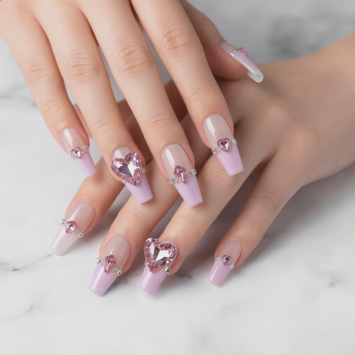 Pink heart rhinestone press on nail set with pastel purple French tips