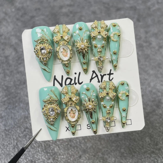 Mint Green Luxury 3D Press On Nails with gold charms, pearls and rhinestones