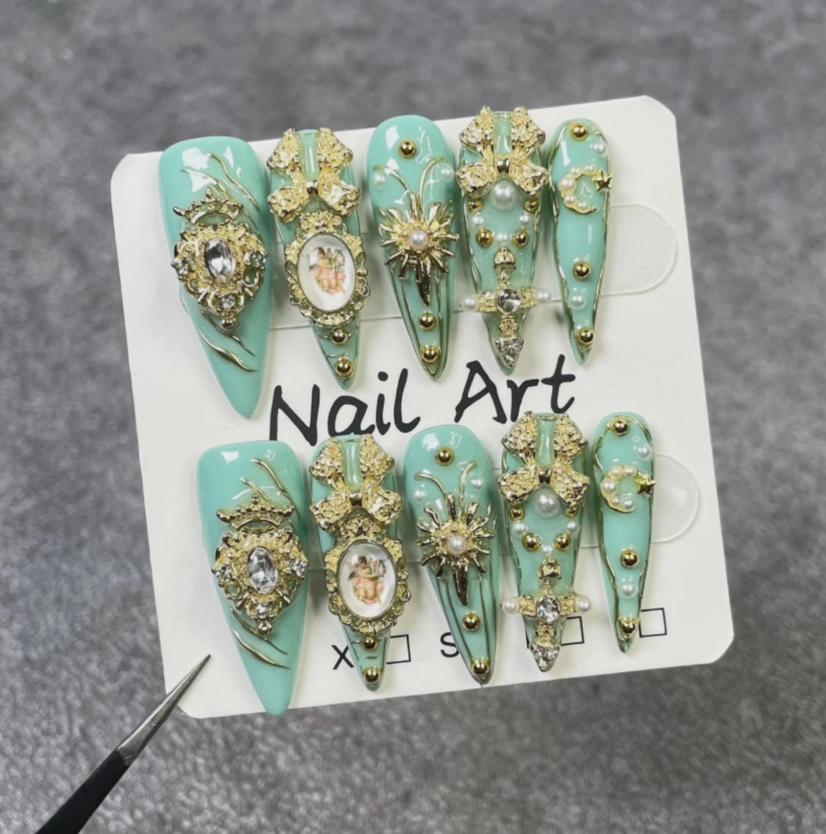 Mint Green Luxury 3D Press On Nails with gold charms, pearls and rhinestones