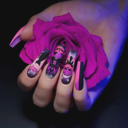 Pink & Purple Halloween Press-On Nails – Skull, Cat & Haunted House