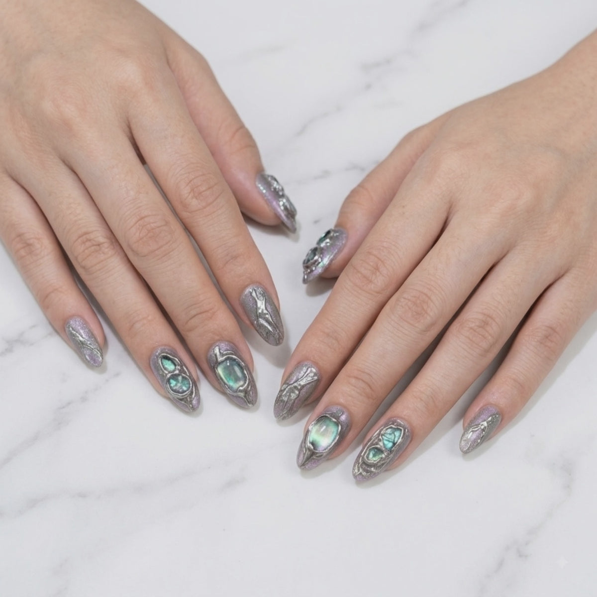 Luxury aurora cat eye press on nails with shimmering green silver finish