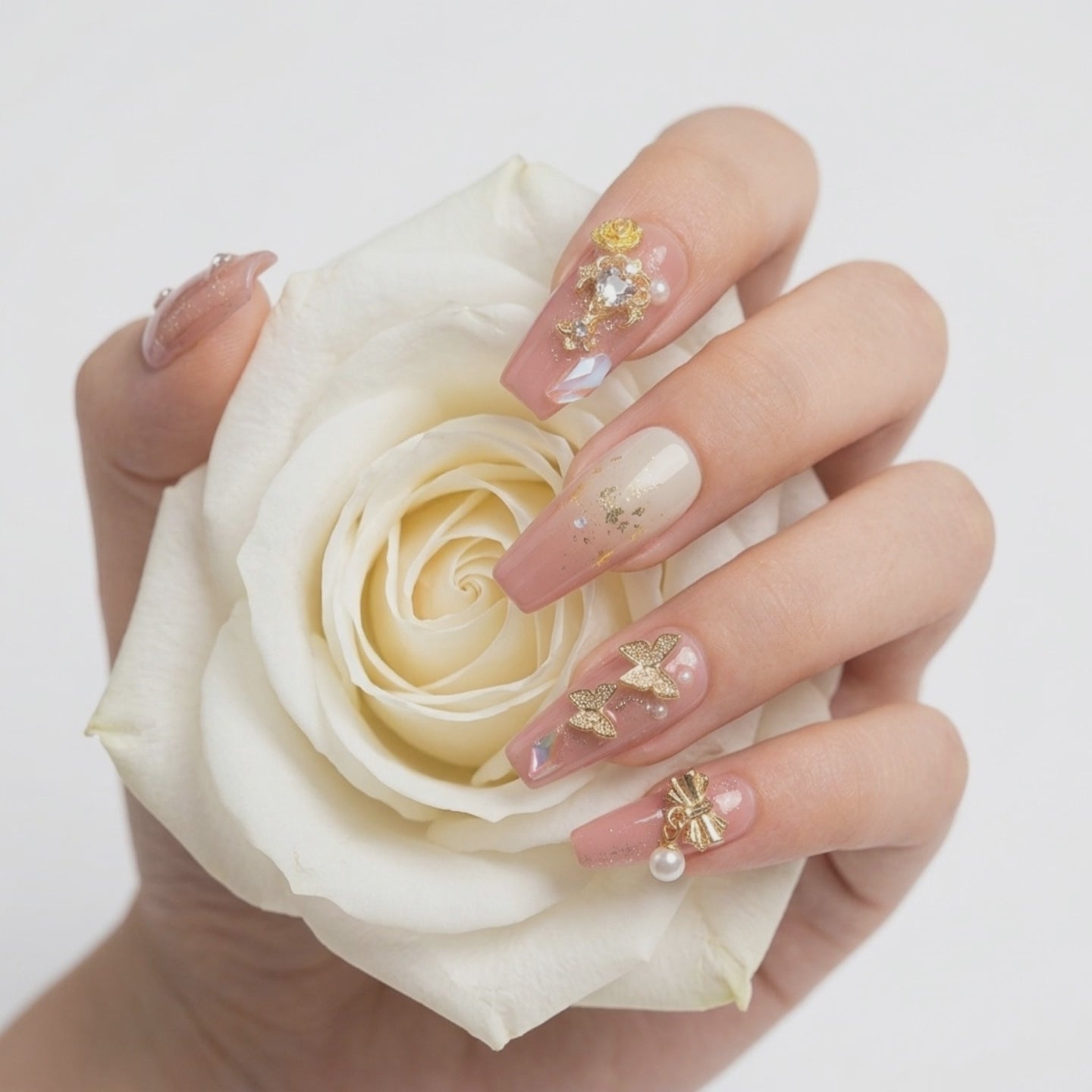 Pink Butterfly Bow Press On Nail Set with Pearl Charms