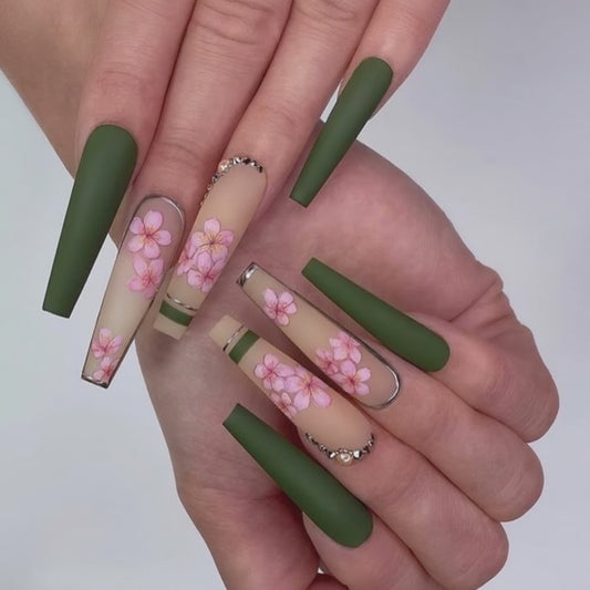 Matte olive green coffin press on nails with 3D pink flowers, reusable handmade nail set