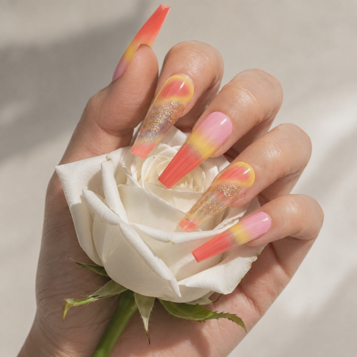 Sunset Ombre Press On Nails with White Rose – Summer Nails