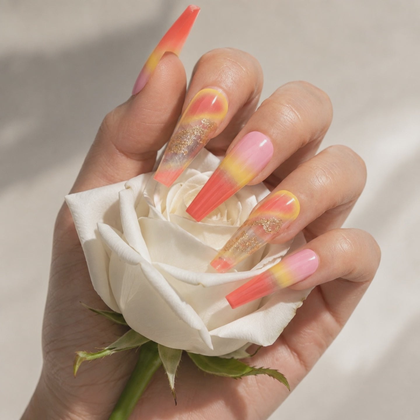 Sunset Ombre Press On Nails with White Rose – Summer Nails