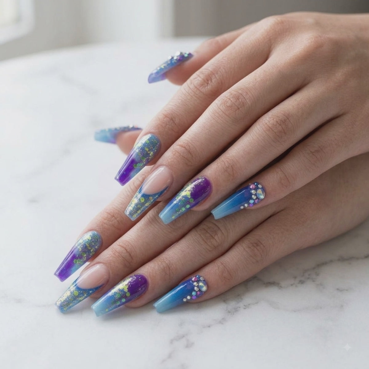 Blue purple glitter press on nails with rhinestones and long coffin shape