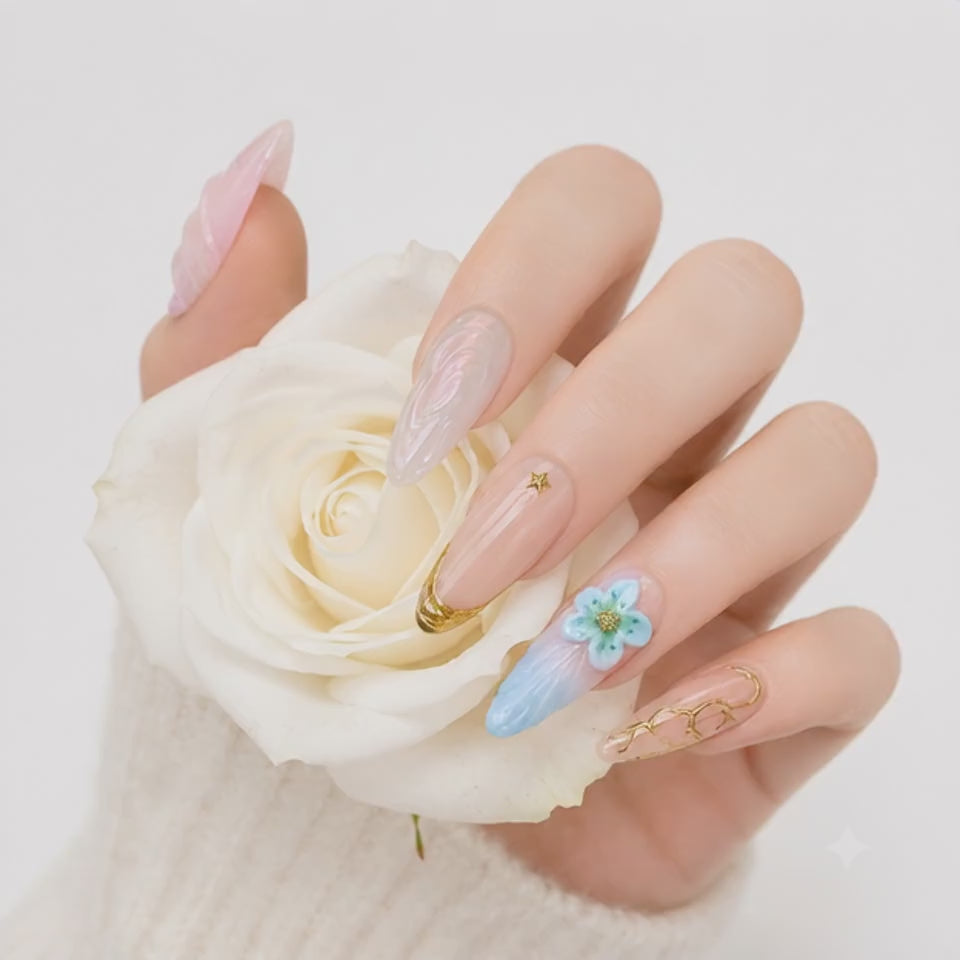 Luxury Pink Blue 3D Flower Press On Nails