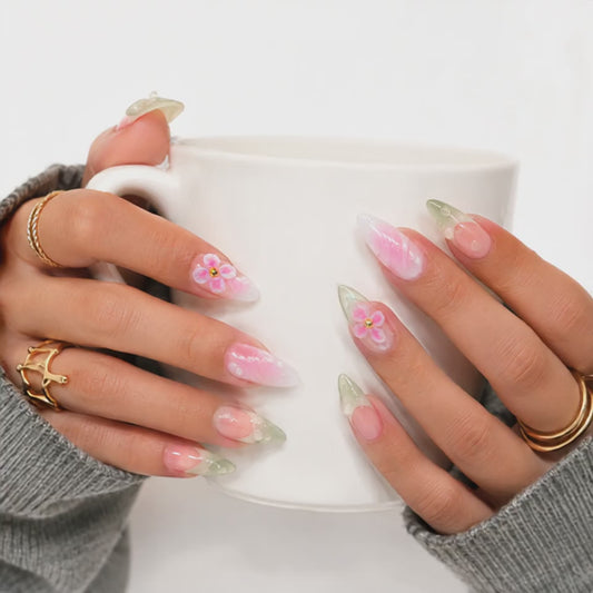 Pastel Floral Sage Green Almond Press On Nails, 3D Flower Nail Set