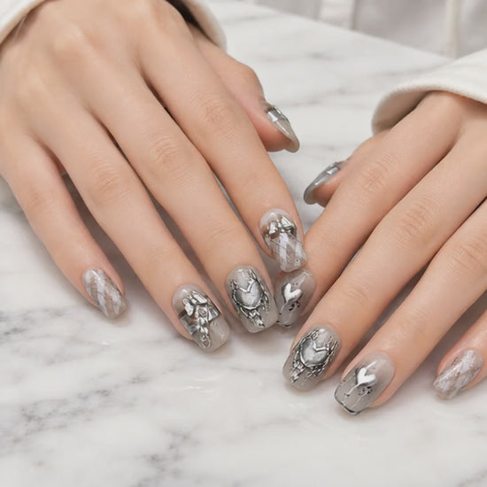 Silver Gray 3D Heart Press On Nails with Chrome Charms and Bow Details
