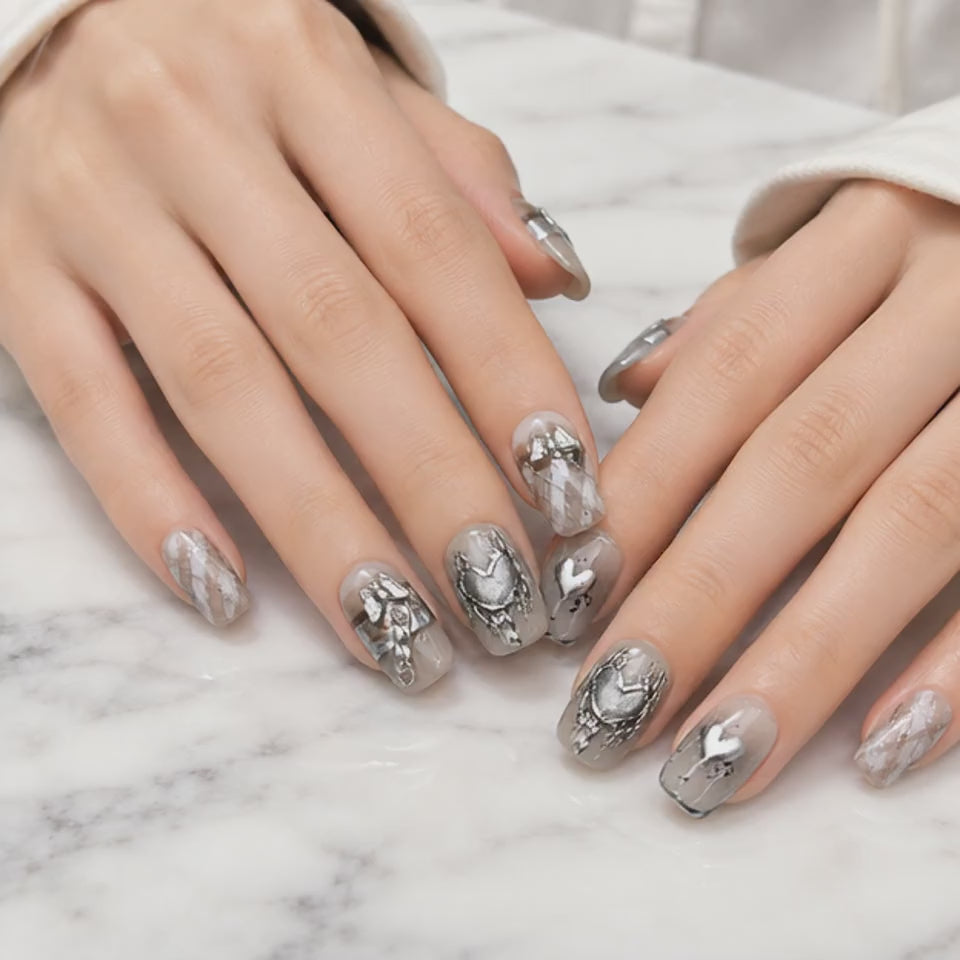 Silver Gray 3D Heart Press On Nails with Chrome Charms and Bow Details