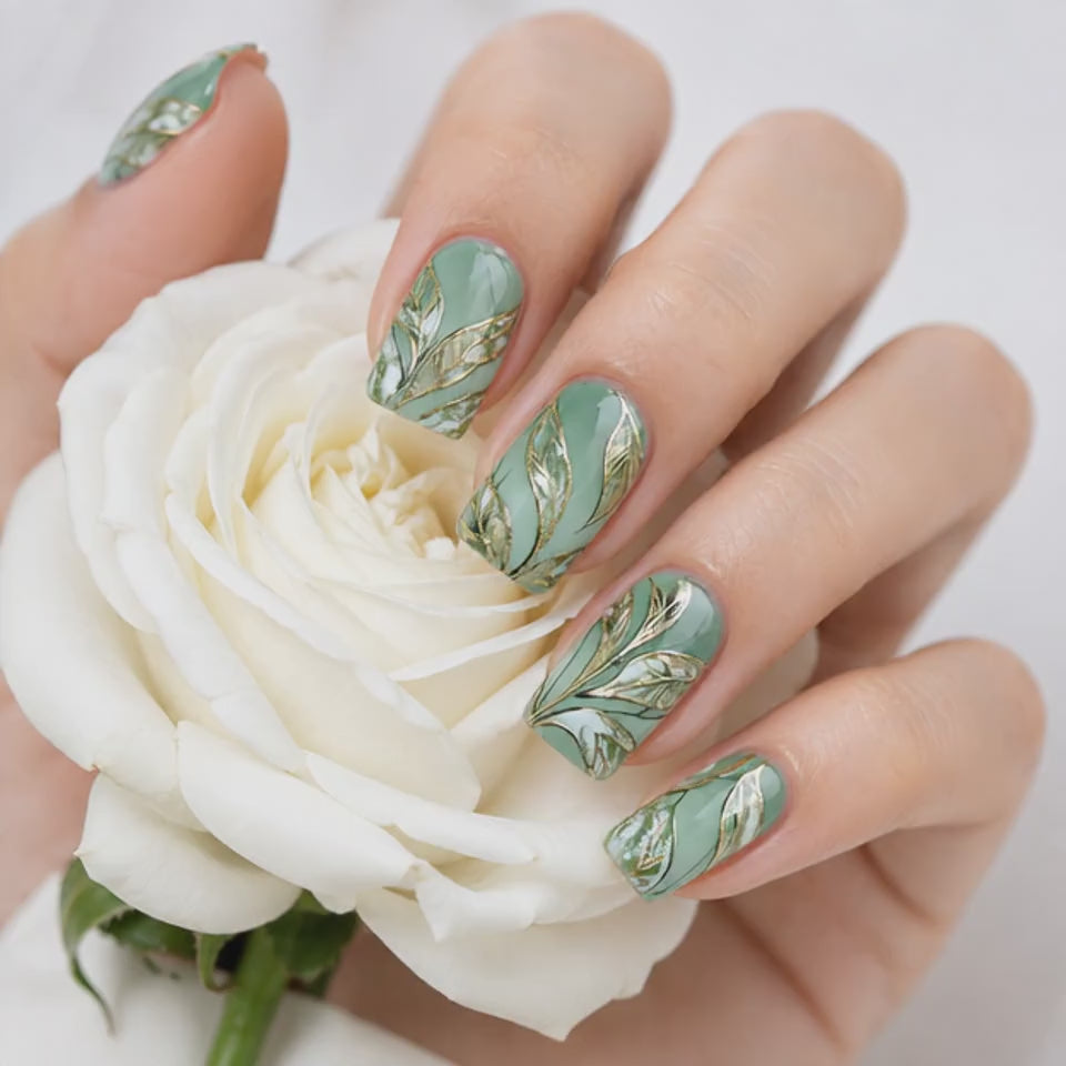 Sage Green Gold Leaf Nails Holding White Rose