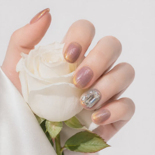 Elegant brown cat eye fake nails with crystal rhinestone accent
