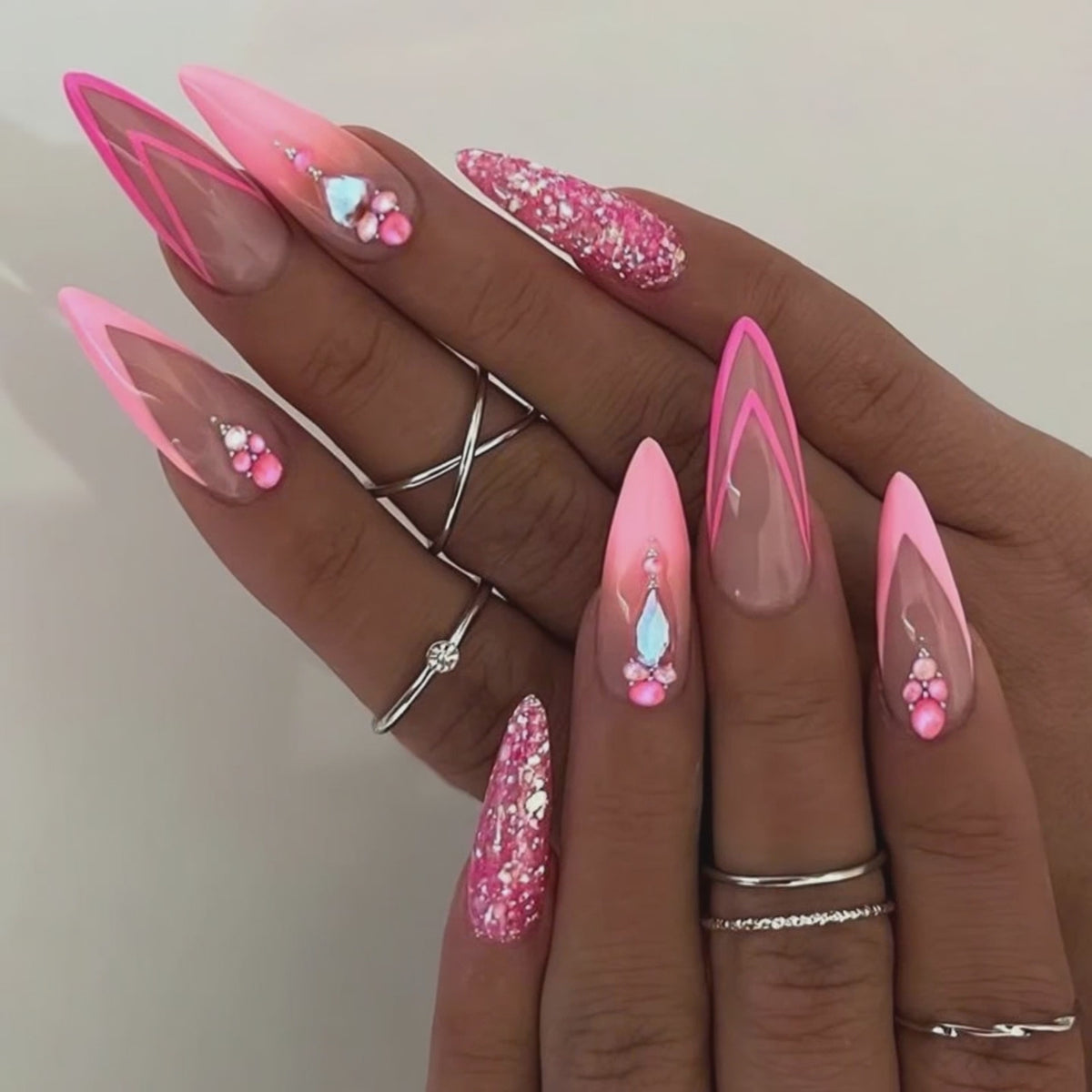 Pink Double French Press On Nails with rhinestones and glitter