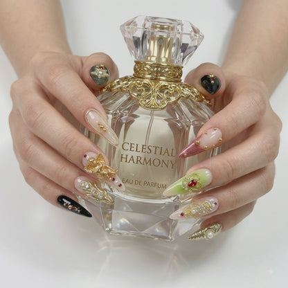 Luxury Gold Rhinestone Press On Nails – 3D Baroque Nails