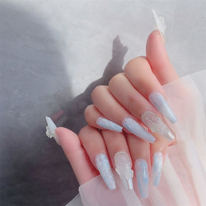 Long Icy Blue Coffin Press On Nails with White Glitter Ombre