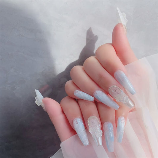 Long Icy Blue Coffin Press On Nails with White Glitter Ombre