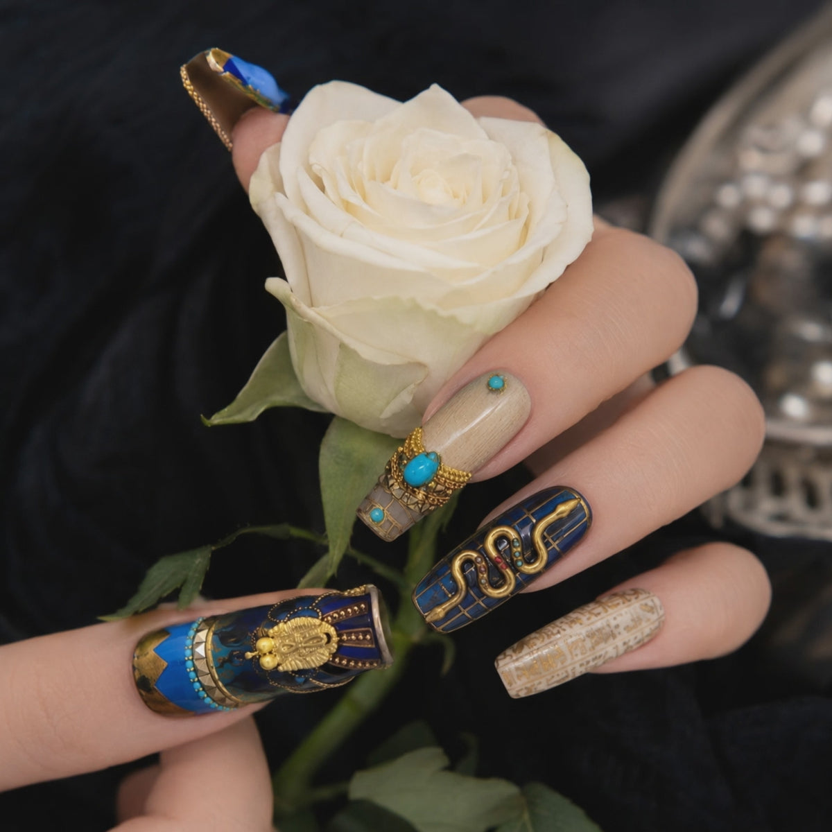 Royal Egyptian 3D Press On Nails in Blue and Gold