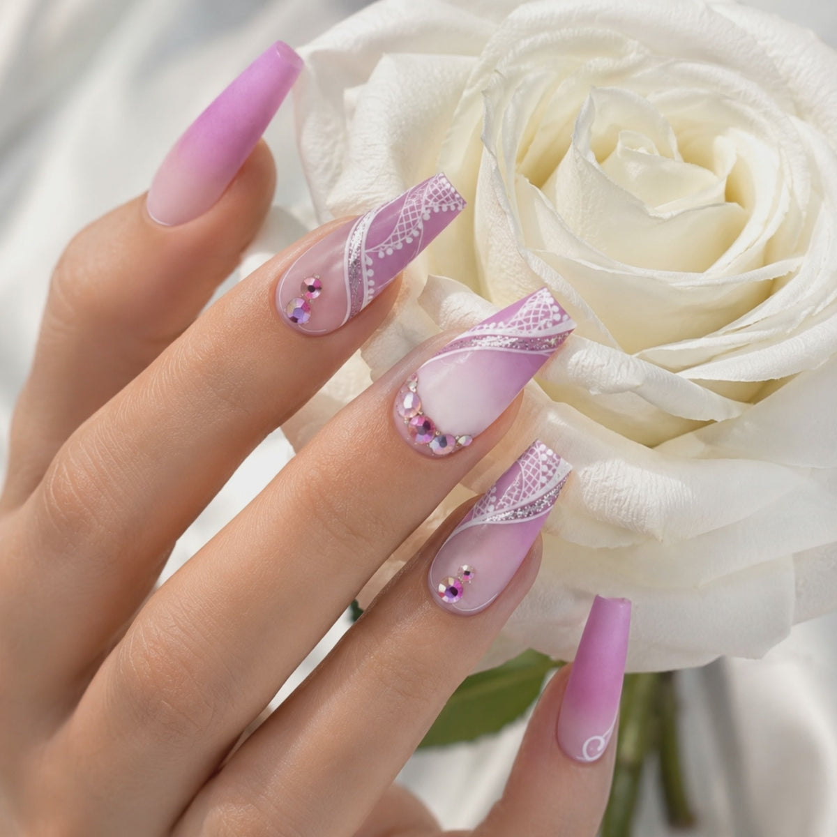 Pink ombre coffin press on nails with white lace