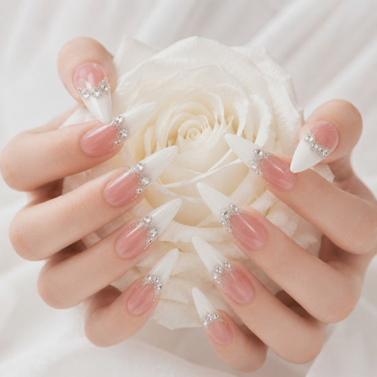 White Bridal Press On Nails with Rhinestone French Tips
