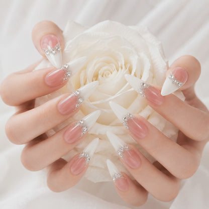 White Bridal Press On Nails with Rhinestone French Tips